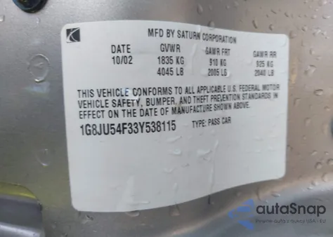 2003 Saturn L-Series L200 from USA, damaged, VIN 1G8JU54F33Y538115